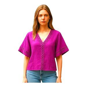 Marc New York Linen Blend Boxy Kimono Top Crochet Trim Magenta Oversized Small